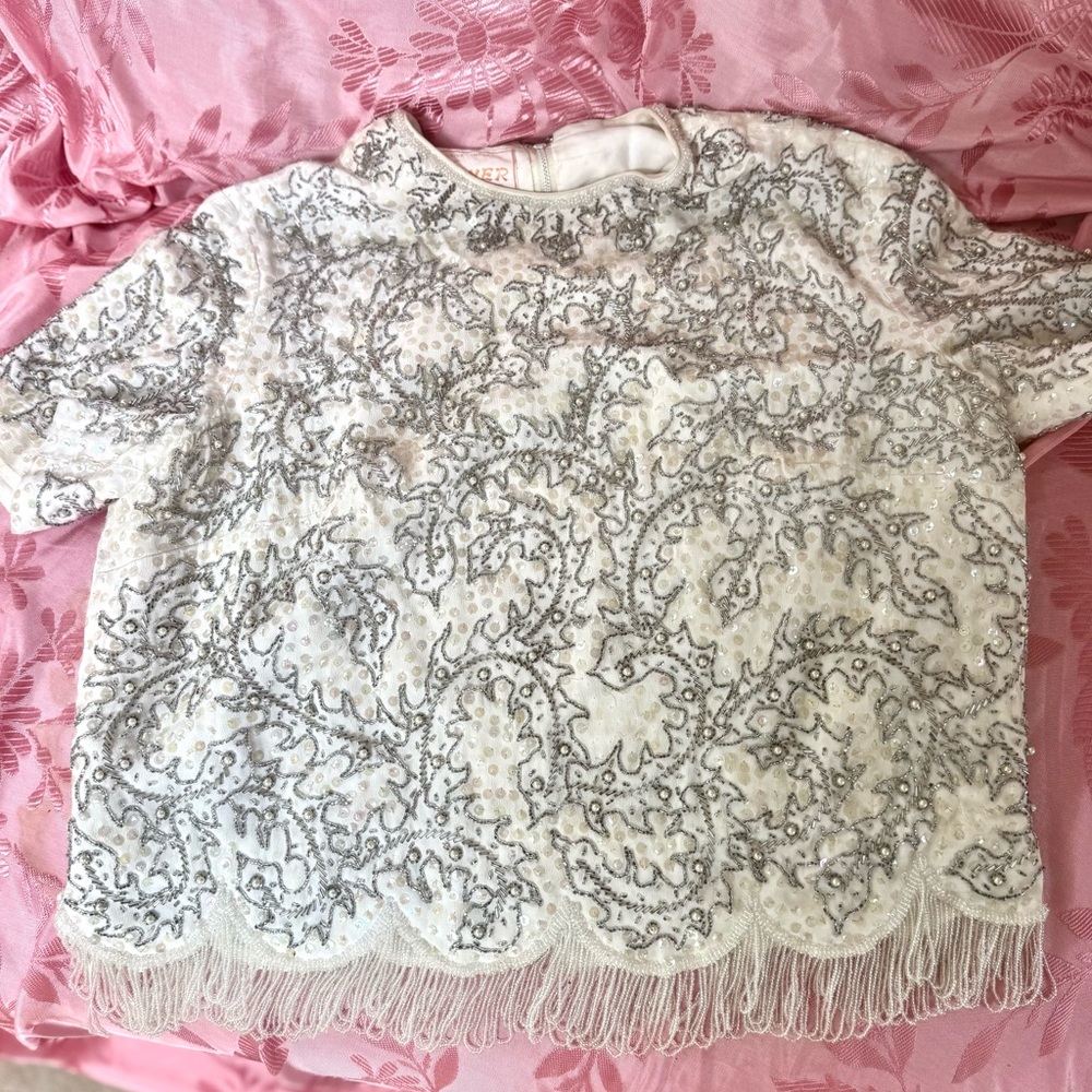 Heavily Beaded Silk Top 1960s Looped Fringe Hemline Metal Zipper Hong Kong AS IS